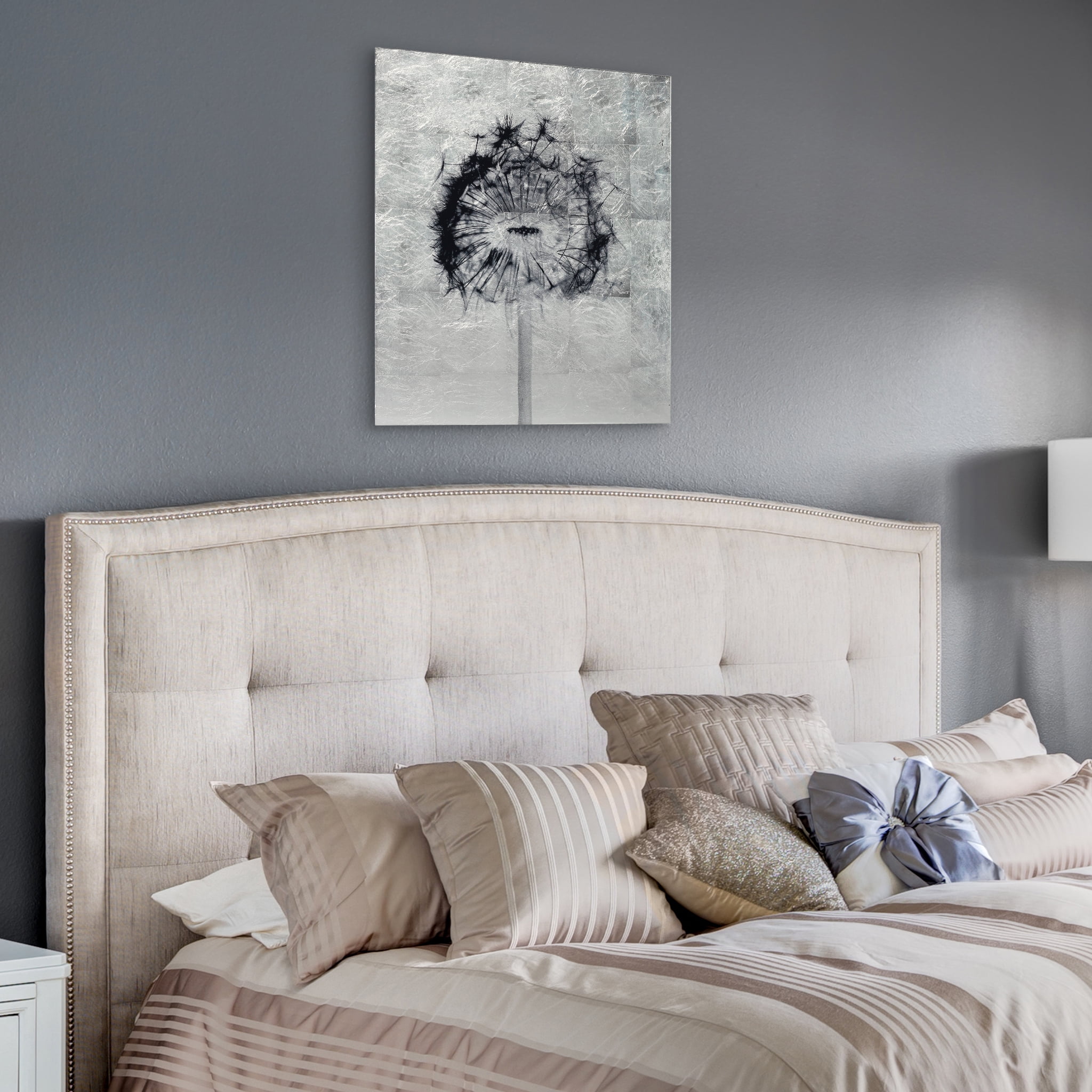Direct Dandelion Reverse Printed Tempered Glass with Silver Leaf 24.00" x 24.00" Painting Art Prints, by Empire Art