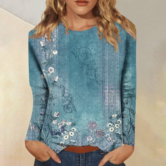 Trendfront Womens Crew Neck Long Sleeve Tops Retro Vintage Geometric Graphic Pattern Tees Printed Casual Everyday Apparel T-Shirts