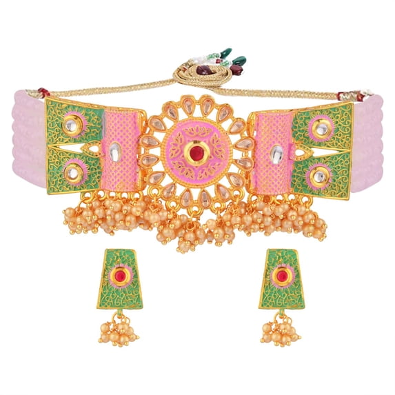 Efulgenz Faux Pearl Necklace Indian Jewelry Set Crystal Choker Multi Layered Strand Beaded Necklace Earrings Bridal Jewelry Set for Women, Pink