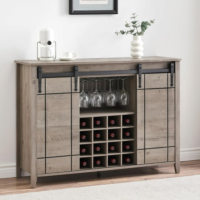 AKDSteel 47" Farmhouse Coffee Bar Cabinet – Wine Bar Sideboard with 16 Glass Rack, Storage Shelves & Sliding Barn Door, Buffet Cabinet for Kitchen & Dining Room