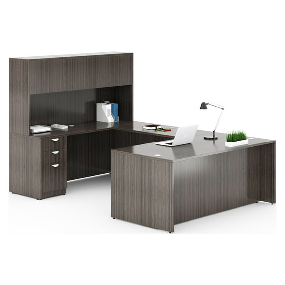 Boss Office Products U-Shape Desk Credenza with Pedestal and Hutch in Driftwood