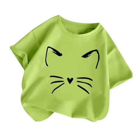 RUTAYY Children s Girls Tshirt Cartoon Cat Print Blouse Casual Shirt Everyday Elegant Tops Light Green 3-4 Years