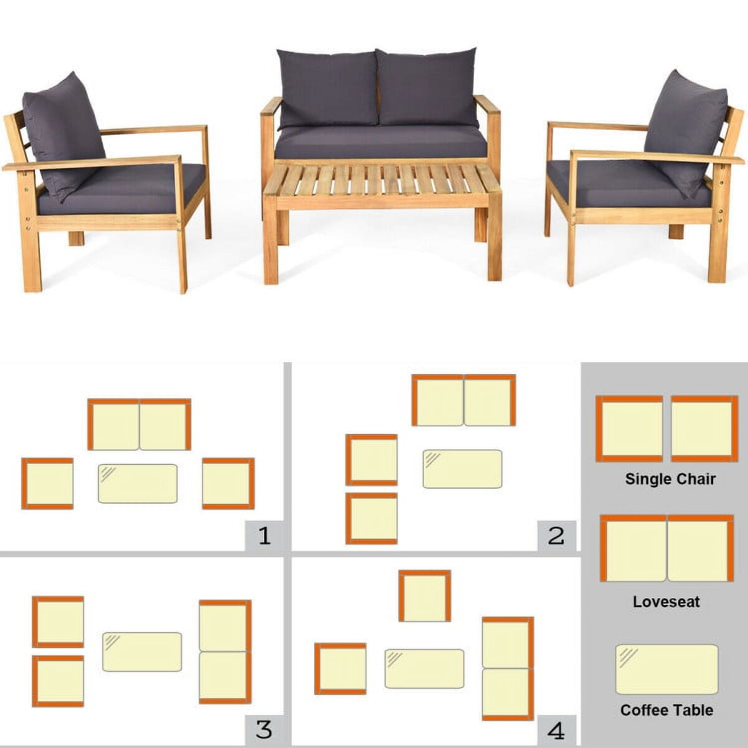 Aimee Lii 4 Pieces Patio Solid Wood Furniture Set, Wood Outdoor Furniture, Gray Aimee Lii 4 Pieces Patio Solid Wood Furniture Set, Wood Outdoor Furniture, Gray