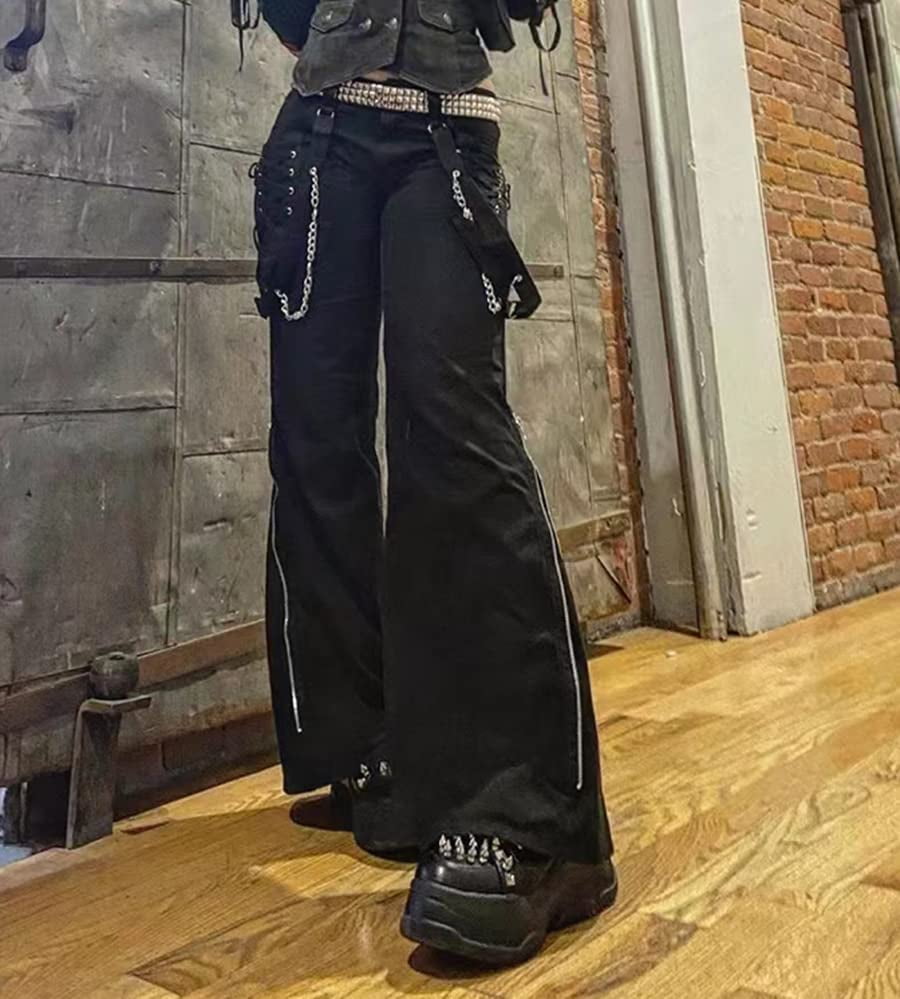 DanceeMangoos Women's Goth Baggy Jeans Wide Leg E-Girl Grunge Gothic Tripp  Pants Harajuku Y2k Alt Emo Clothes Punk Streetwear 