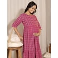 thumbnail image 4 of Janasya Indian Women's Pink Cotton Woven Design Tiered Maternity Dress, 4 of 5
