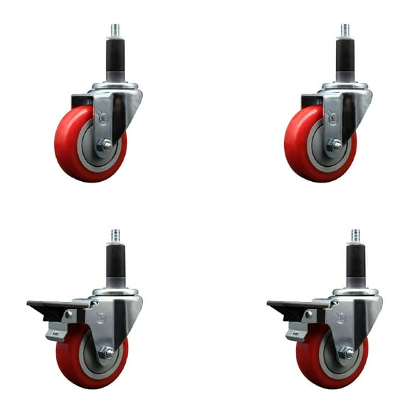 3.5 Inch Red Poly Wheel Swivel 1-1/8 Inch Expanding Stem Caster Set 2 Brakes SCC