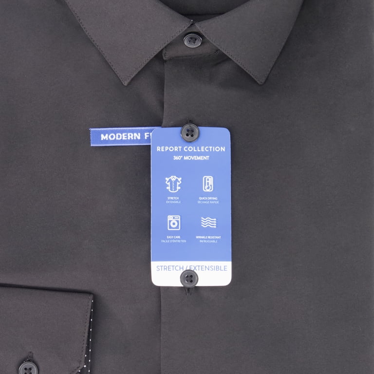 Report Collection Woven Dress Shirt for Men, 93% Polyester 7% Spandex, Black, Size 16.5/34, Solid Print, Long Sleeve, 4-Way Stretch Report Collection Woven Dress Shirt for Men, 93% Polyester 7% Spandex, Black, Size 16.5/34, Solid Print, Long Sleeve, 4-Way Stretch