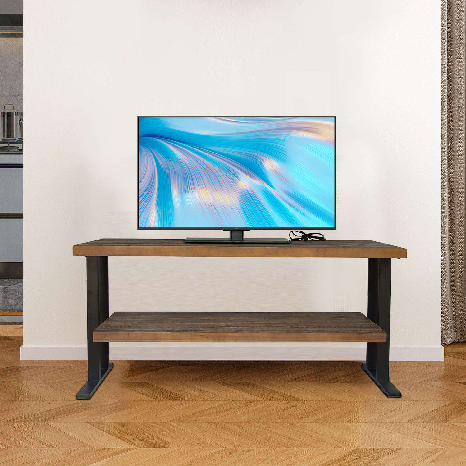 Solid Wood Media Console Table with Metal Legs for Living Room, Bedroom