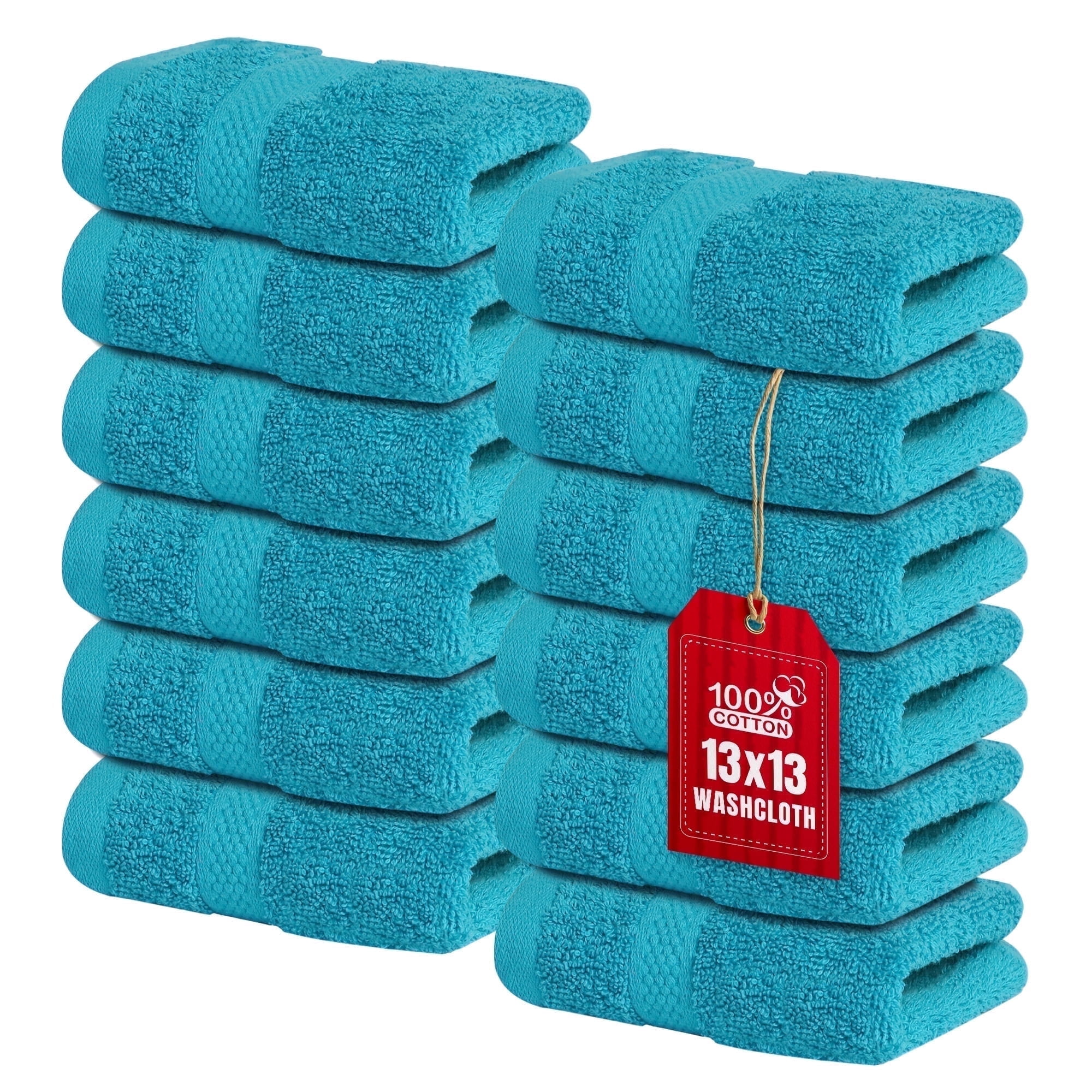 Infinitee Xclusives 12 Pack Premium Teal soft Wash Cloths and Face Towels, 13x13 100% Cotton