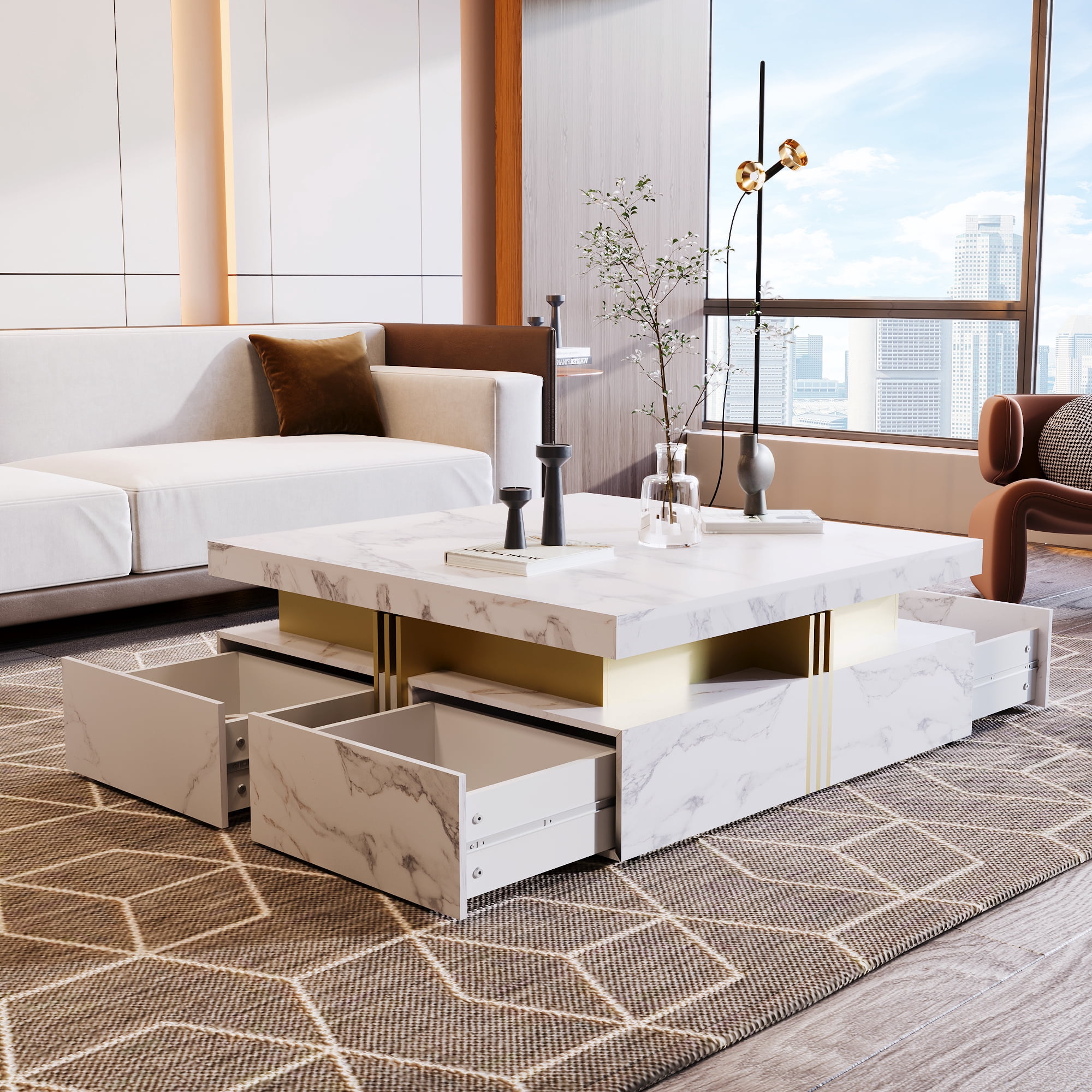 Euroco Modern White Square Storage Coffee Table with 4 Drawers