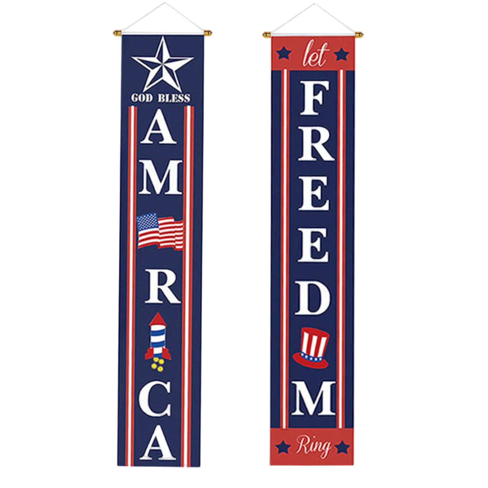 Red White Blue Independence Day Patriotic Vertical Banner Set for Doorway Porch Entryway Decor with Letter Print and Hanging Rope for Home Party Display