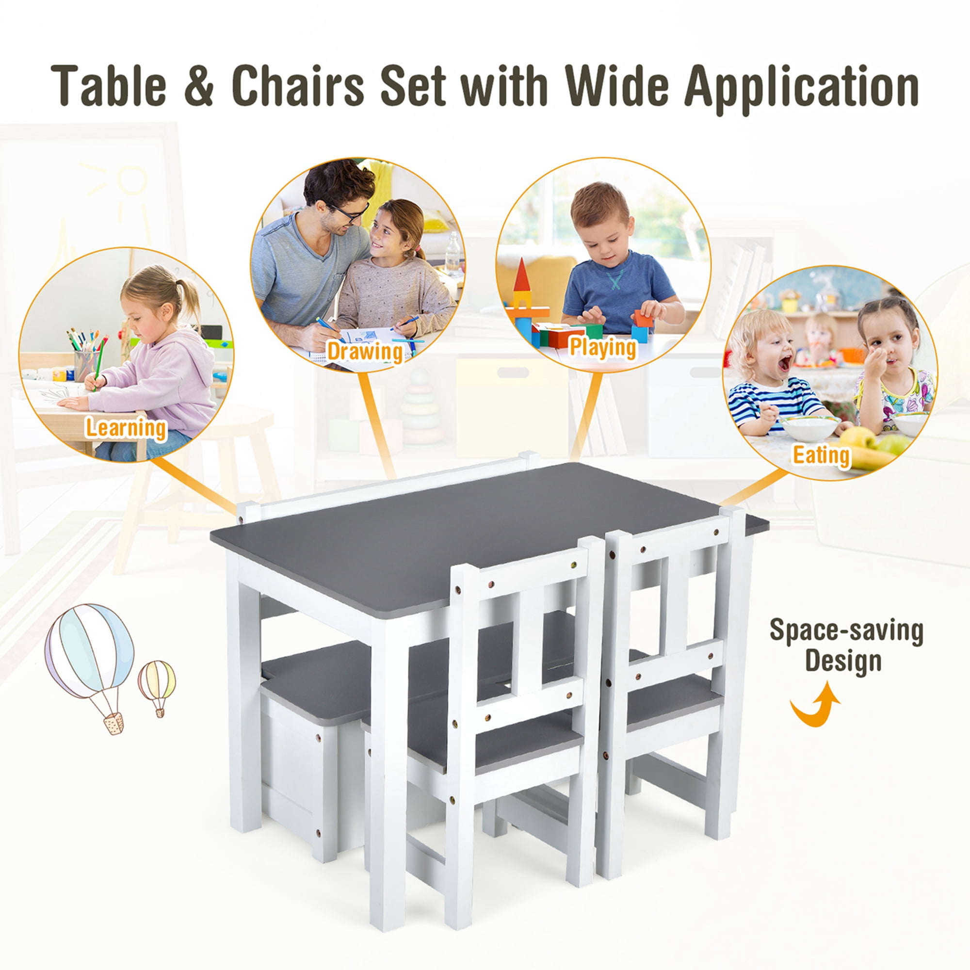 Costway 4 PCS Kids Wooden Activity Table & Chairs Set with Storage Bench Study Desk Grey