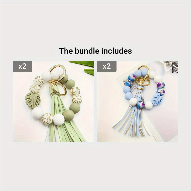 Silicone bead keychain with tassel and maple leaf pendant, stylish keychain bracelet, cool summer style, women's keychain,Light green*2 Blue*2