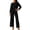 Black, variant on Womens Casual Two Piece Matching Outfit Soft Knit Contrast Trim Sleeve Top & Structured Straight-Leg Split Hem Pants Daily Street Outfits, Size (S-XL)