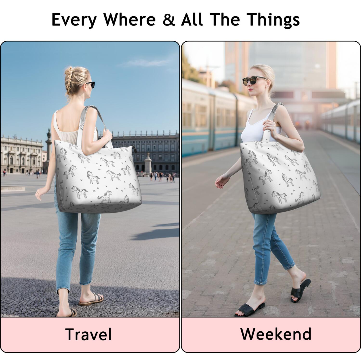 Black and White Unicorn Travel Tote Bags for Women Carry On,Large Weekender Bags for Women Travel,Multi Functional Duffle Bag for Work,Shopping,Sports
