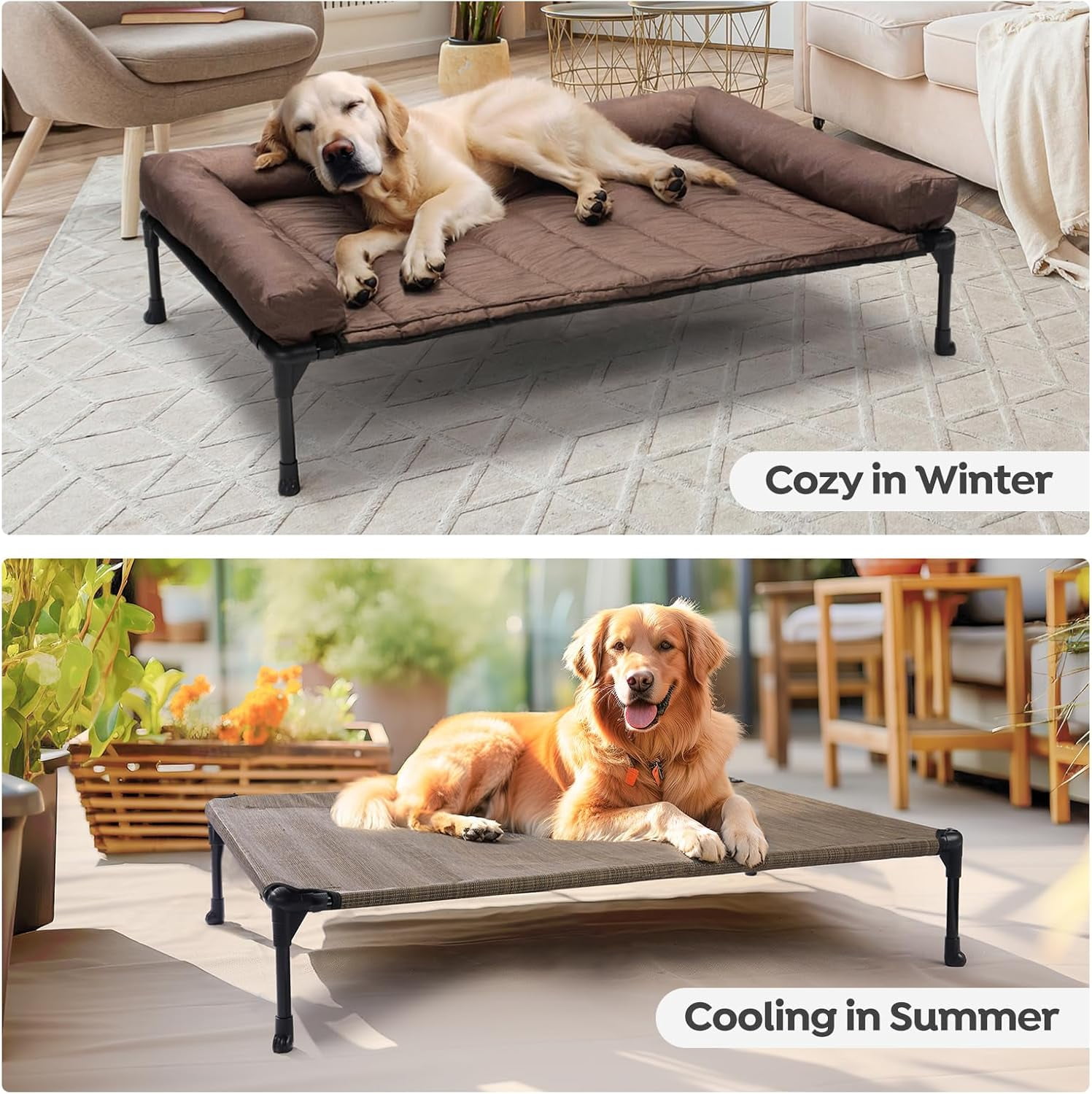Cooling Elevated Dog Bed Add Removable Waterproof Bolster Cushion Mat, Raised Pet Cot with Breathable  Mesh, No-Slip Feet, Dog Couch Bed for Indoor Outdoor, Large, Brown