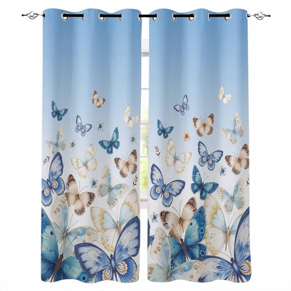 Blackout Curtains for Bedroom, Blue Ombre Butterfly Room Darkening Window Drapes for Living Room, Pastoral Farmhouse Butterflies Thermal Insulated Grommet Curtains, 52x84 inch, 2 Panels
