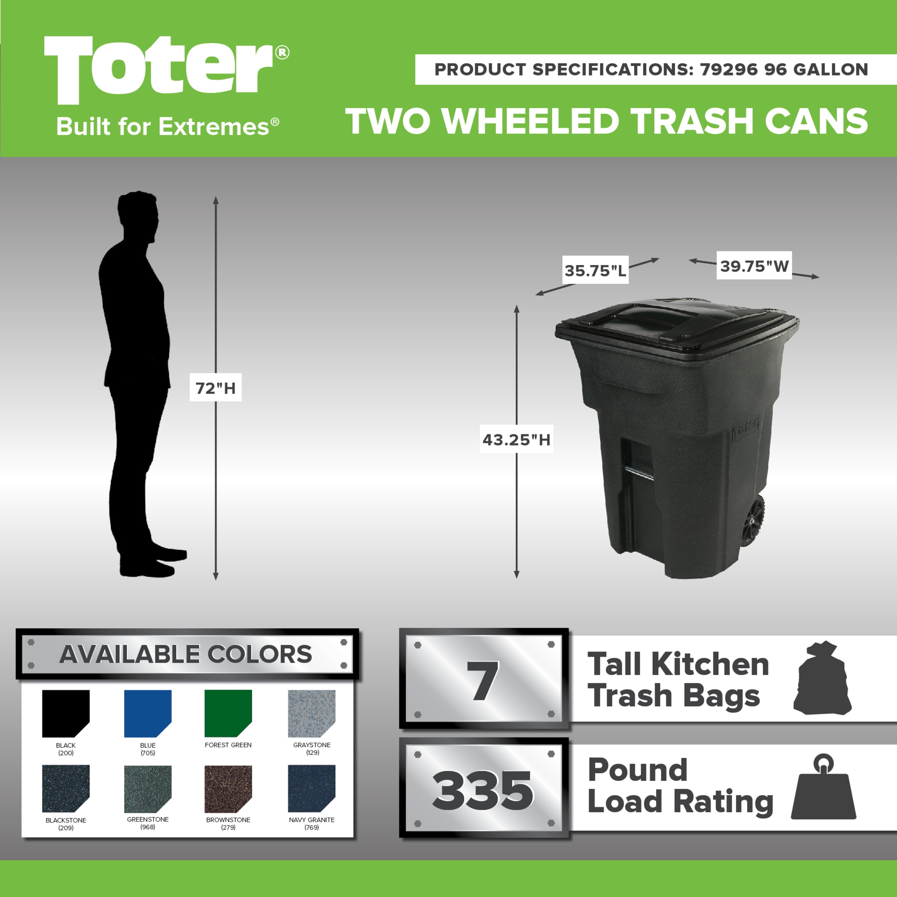 Toter 96-Gallons Greenstone Plastic Wheeled Trash Can with Lid