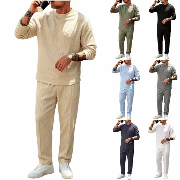 PNTUTB Fall Winter Men's Solid Color Outfit Sets Crew Neck Long Sleeve Top Elastic Waist Drawstring Pant Two Piece Set Loose Comfort Daily Casual Sets