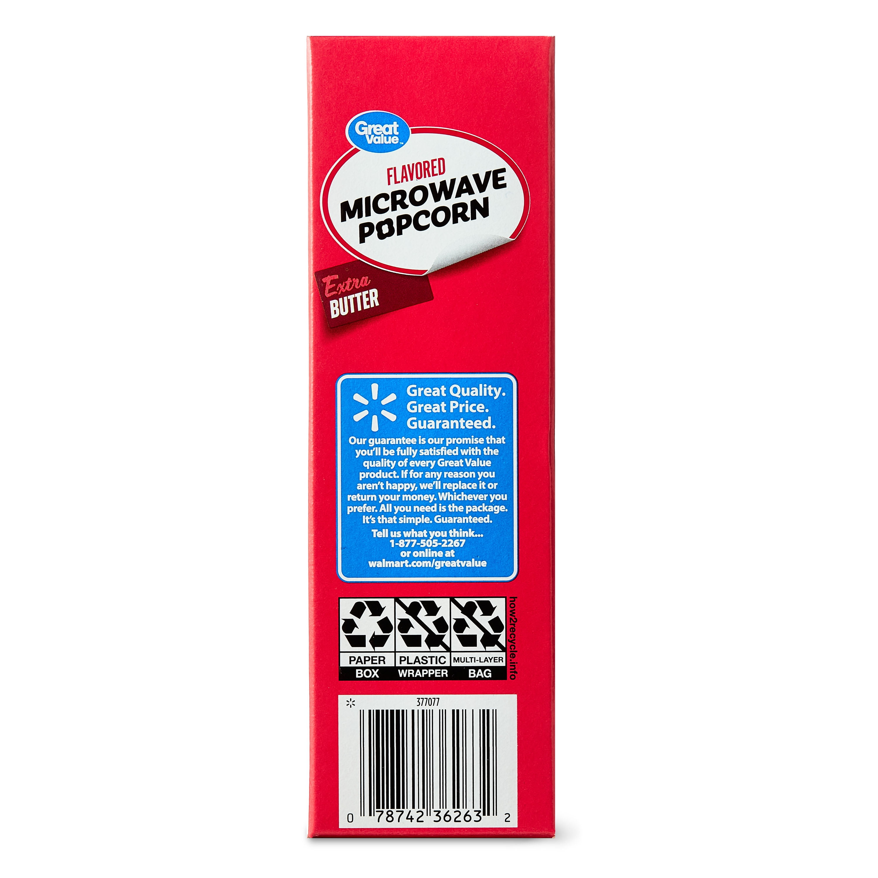Great Value Extra Butter Flavored Microwave Popcorn, 2.55 oz, 3 Count