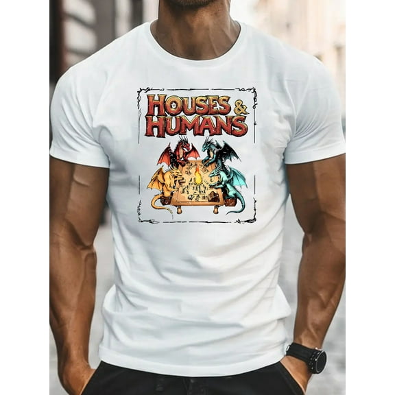 Men's Retro 90s D&D Houses & Humans Graphic T-Shirt - Vintage Gaming Tabletop Design, White Round Neck Short Sleeve Casual Summer Tee, Machine Washable Gift for D&D Fans
