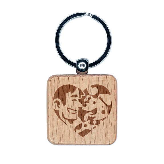 Man with Dog Puppy Pet in Heart Square Keychain Charm Tag - Engraved Wood
