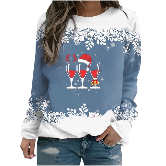 Chandails en Molleton T-shirt Imprimé d'Hiver pour Femmes Manches Longues Blouse Col Rond Hauts Décontractés Chandails en Molleton pour Adolescentes en Liquidation