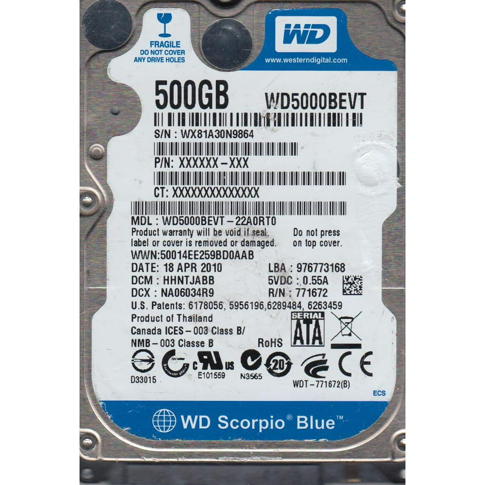WD5000BEVT-22A0RT0, DCM HHNTJABB, Western Digital 500GB SATA 2.5 Hard ...