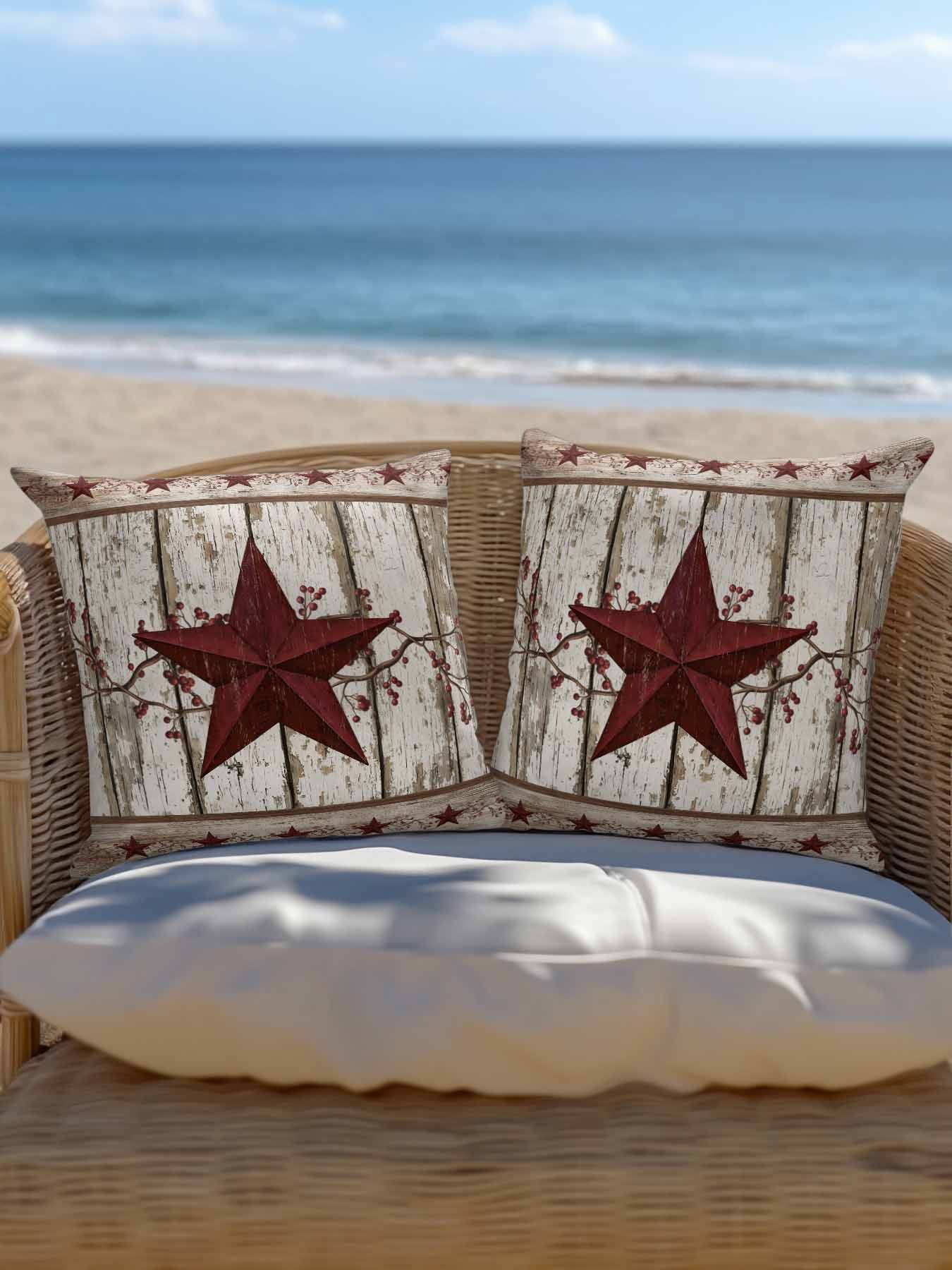 Outdoor Pillows Waterproof, Red Texas Star Vintage Bedding Throw Pillows with Insert for Couch Sofa Bed, Farmhouse Berry Grey Wooden 16x16 Inch Pillowcases Decorative Camping Patio Pillow Set of 1
