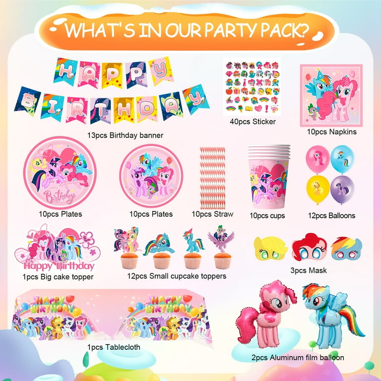My Little Pony Theme Party Supplies,My Little Pony Party Decorations Set-My Little Pony Balloons Stickers Masks Cake Toppers Banner Tablecloth Plates Cups Napkin etc for My Little Pony Birthday Party