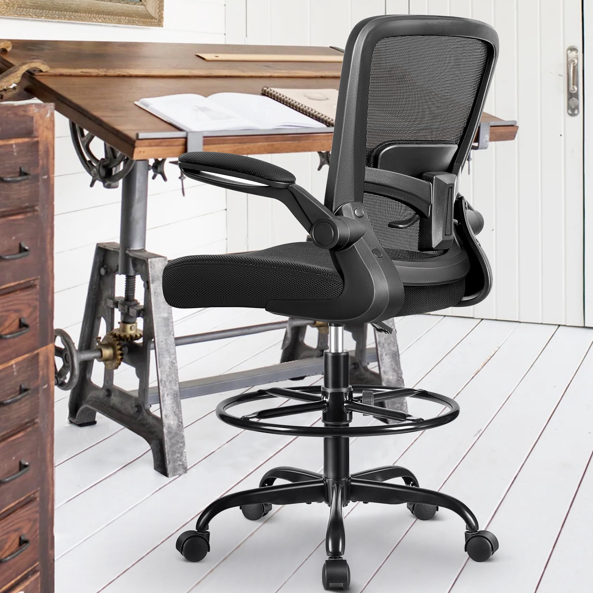 COOLHUT Home Office Chair with Flip-up Armrests for Standing Desk, Ergonomic Computer Office Desk Chair with Adjustable Foot Ring, Office Desk Chairs with Adjustab Lumbar Support for Workplanc, Black