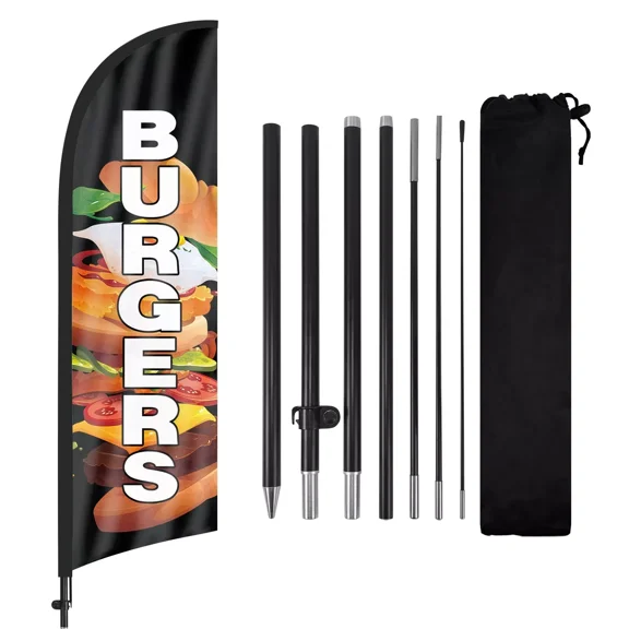 QSUM Burgers Sign Feather Flag with Pole Kit,8.2FT Burgers Decoration Display, Burgers Business Sign, Burgers Swooper Flag，Burgers Advertising Flag