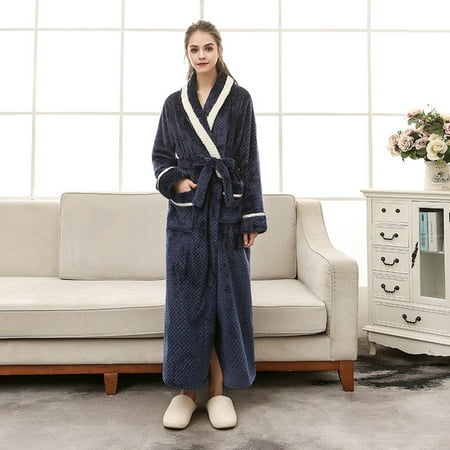

Sardfxul Women Men Couples Winter Thicken Flannel Kimono Bathrobe Open Front Contrast Str