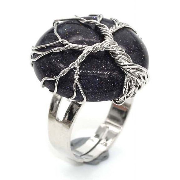 Nvzi-a natural handmade ring, suitable for men and women to wear, handcrafted circular natural stone life tree ring with adjustable opening (blue)
