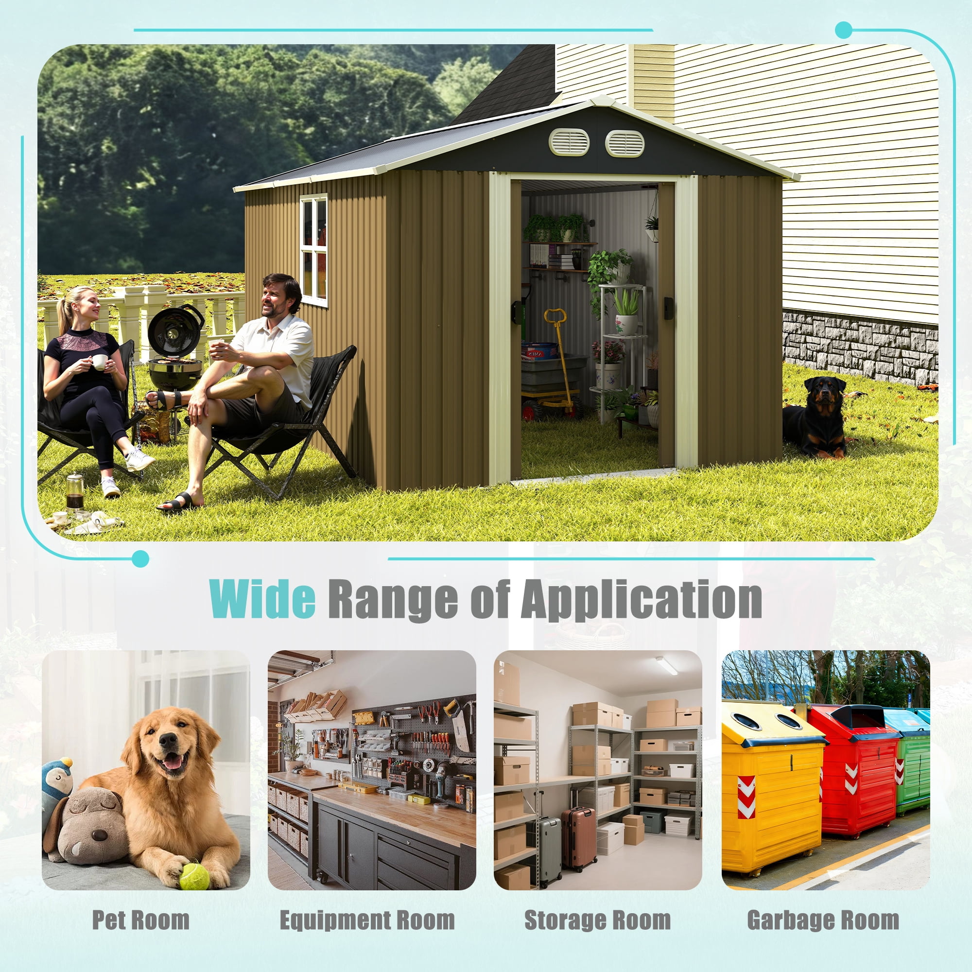 Leumius 8x12 FT Outdoor Metal Storage Shed, Large Storage Sheds with Sturdy Frame Structure, Metal Garden Tool Shed with Lockable Door for Garden Lawn Backyard Brown