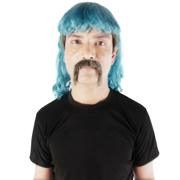 Men's 80's Mullet Wig with Handlebar Mustache Set, Long Curly Zookeeper Style with Flame-Retardant Synthetic Fiber - Light Blue