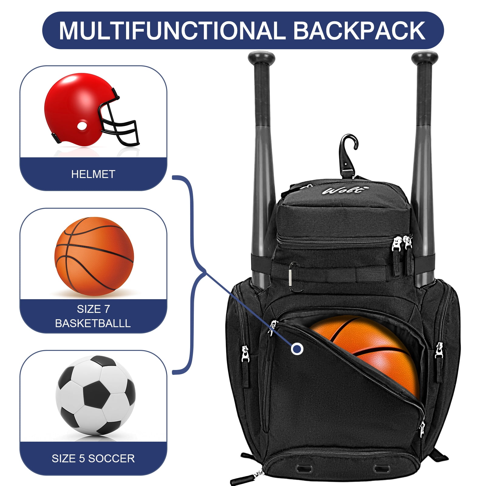 WOLT Pro Baseball Bag Backpack for Men Multifunctional Baseball Equipment Backpack for Sports Black