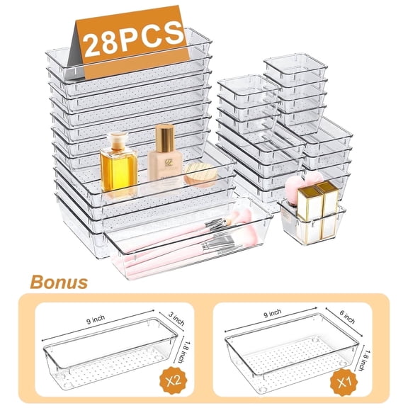 Lockways Drawer Organizer, 28Pcs Clear Plastic Makeup Drawer, 4 Sizes Vanity Organizer and Storage Bins for Makeup, Jewelry, Gadgets for Bathroom, Bedroom, Office