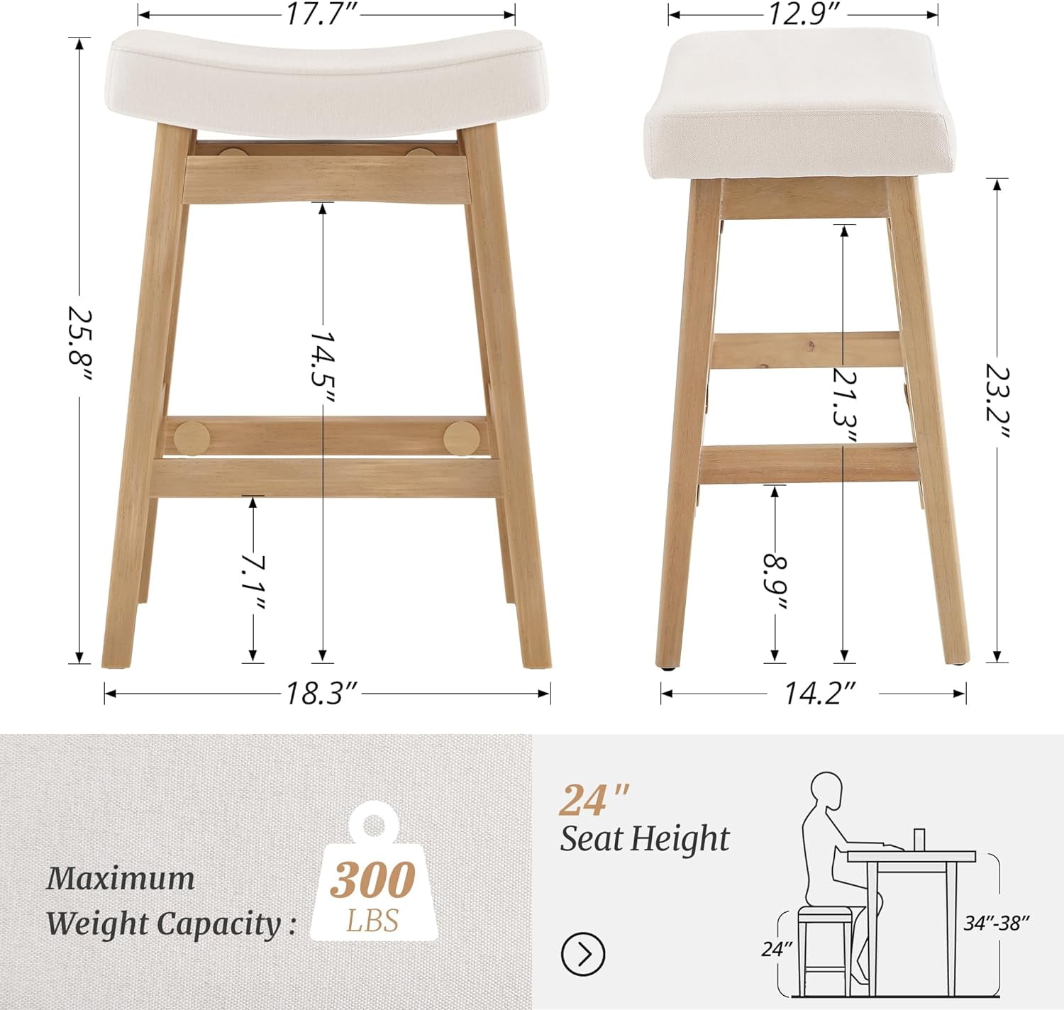 Dycanpo Saddle Seat Counter Height Bar Stools Set of 2 for Kitchen, Dining, 24in, Beige-Fabric