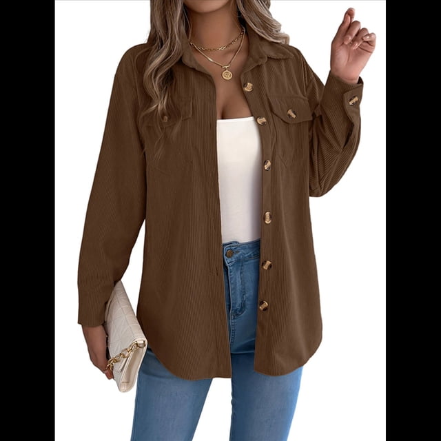 Camisa de Punto para Mujer, de Otoño, de Corta, de , de Larga, con Botones Café M