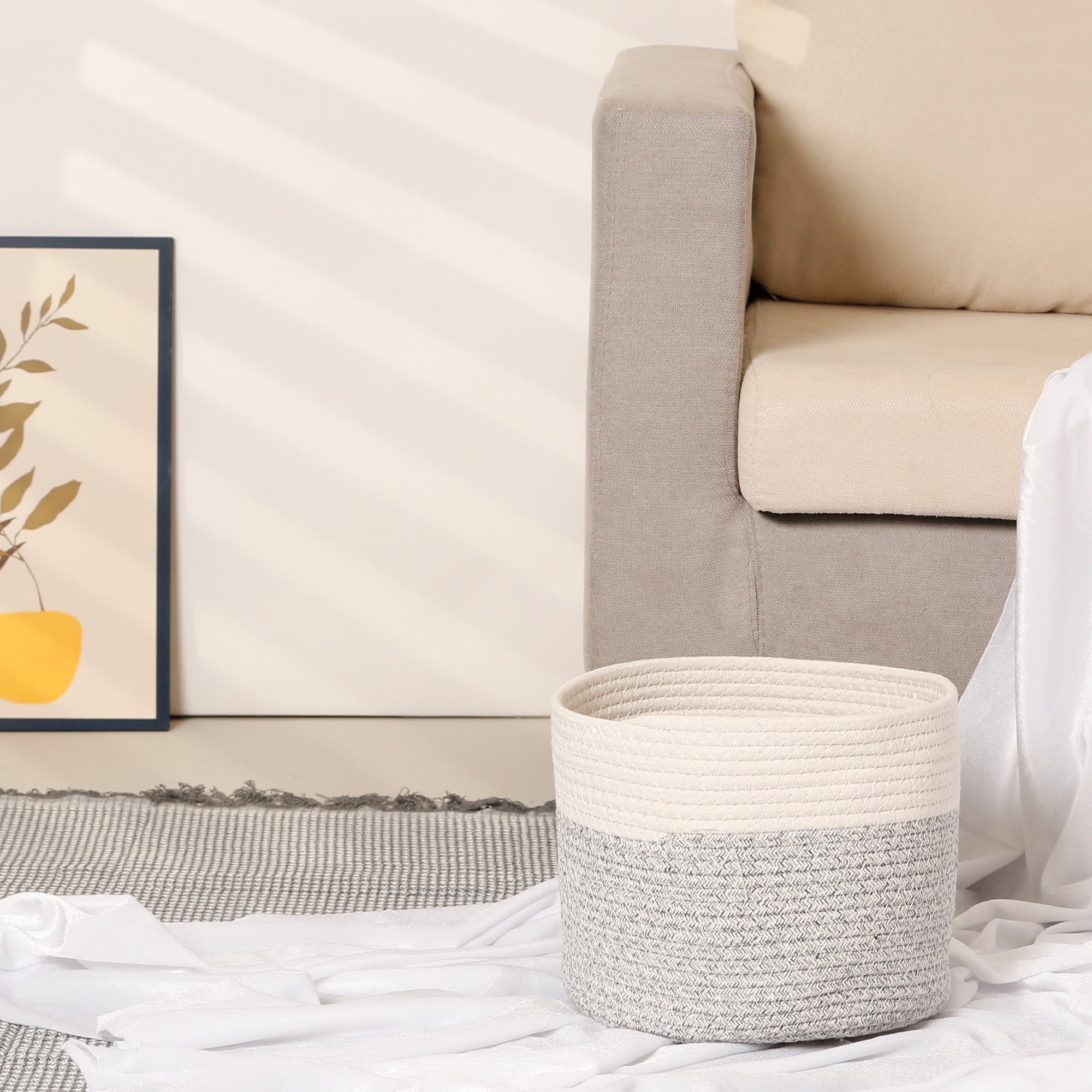 Unique Bargains Woven Storage Basket Bin with Handle for Clothes Home Decor White Grey M