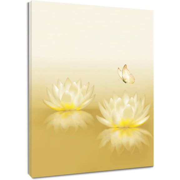 Zen Water Lily Canvas Wall Art for Living Room Yellow Flower and Butterfly on Lake Paintings Wall Decor Modern Spiritual Yoga Spa Wall Art for Bedroom Office Decor Ready to Hang,16L X 12W inches