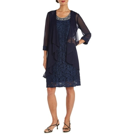 Sleeveless Lace Shift Dress with Pearl Embellishments and a Sheer Jacket - Plus