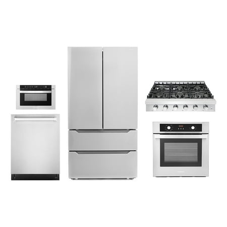 5 Piece Kitchen Package With 36  Slide-In Gas Cooktop 24  Built-in Fully Integrated Dishwasher 24  Single Electric Wall Oven 24  Built-In Microwave Drawer & French Door Refrigerator
