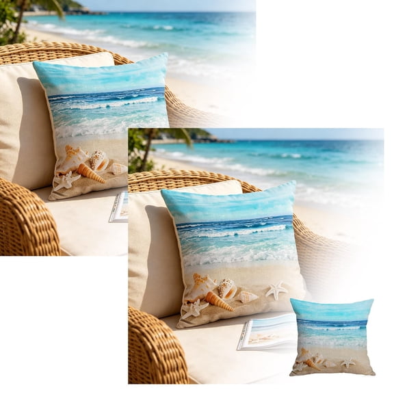 2Pcs Seashell Starfish Beach Themed Pattern Cotton Linen Throw Pillow Case Hawaiia Tropical Sea Waves Blue Sky And Seaside Scene Pillow Cushion Cover Home Sofa Decorative 18 X 18 Inch (Cushion Cover)