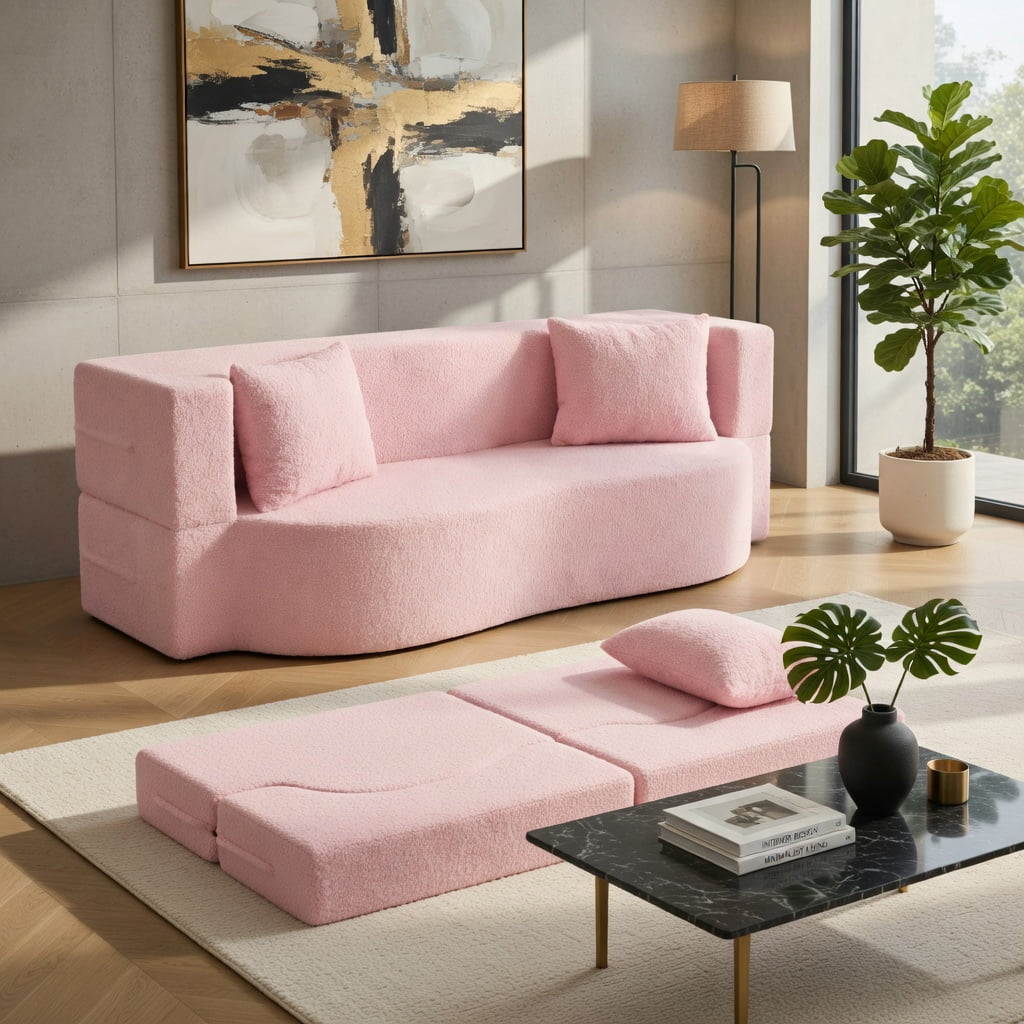 Hommoo 75.5" 2-in-1 Folding Sofa Bed, Plush Teddy Fleece Convertible Loveseat with Removable Washable Covers & 2 Ergonomic Pillows, Pink