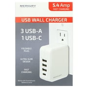 Merkury Innovations 5.4A Wall Charger - 3 USB-A + 1 USB-C, Foldable Plug, White