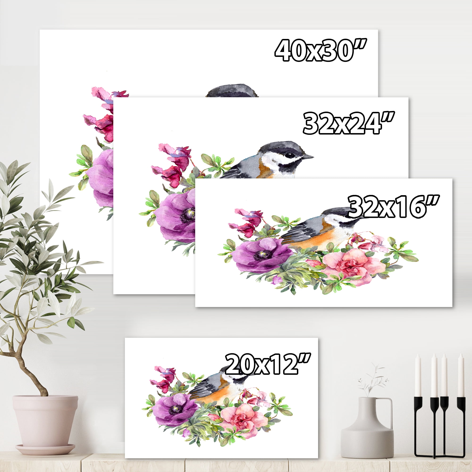 Designart ' Cute Bird In Purple and Pink Flowers ' Traditional Canvas Wall Art Print