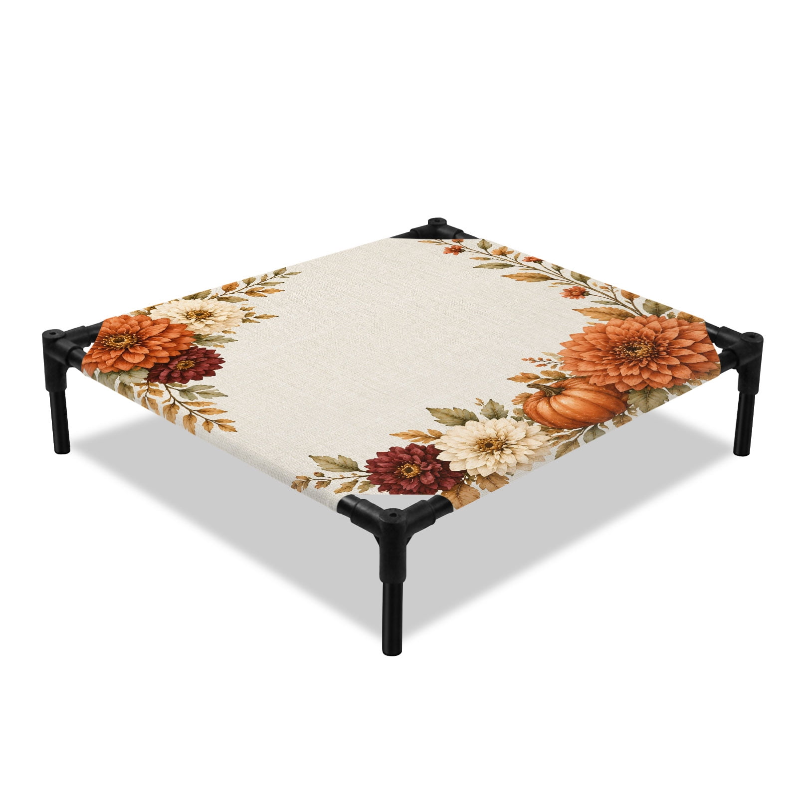 Fall Vintage Elevated Dog Bed Harvest Orange Flowers Pumpkins Leaves Linen Cooling Breathable Outdoor Raised Dog Cot Bed with Metal Frame Non-Slip Feet for Small Dog 20x20in