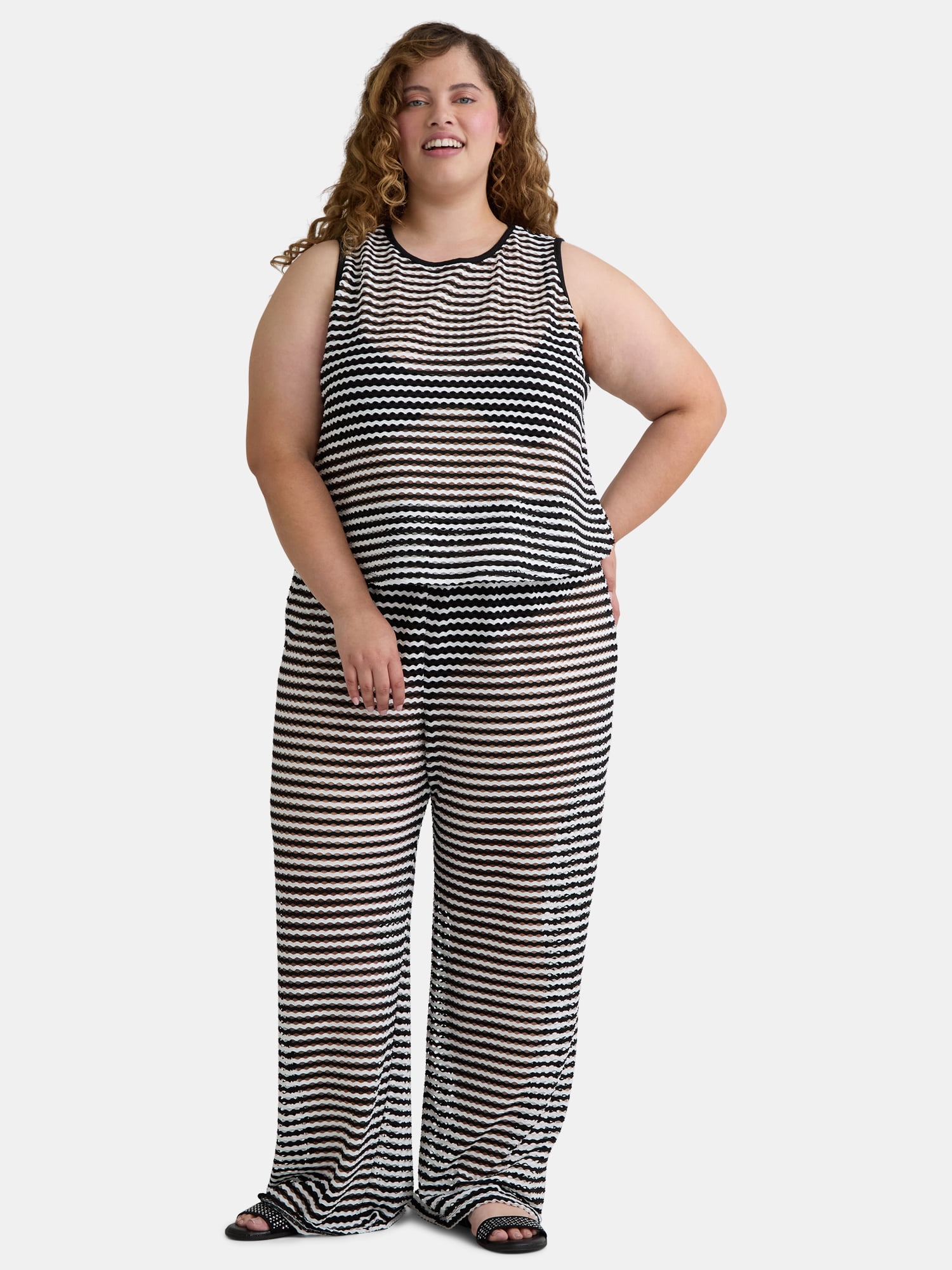 Time and Tru Women's and Women's Plus Striped Mesh Tank Coverup, Sizes XS-2X